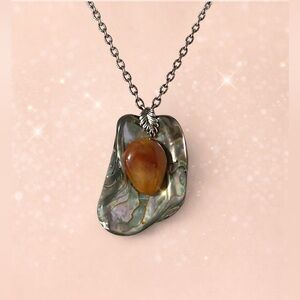 Vintage Y2K Boho Abalone Shell Carnelian Pendant Necklace Silver Tone Statement